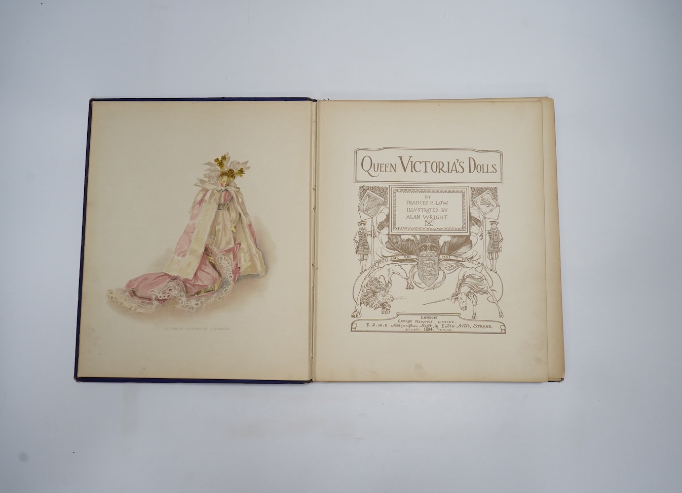 Low, Frances H. - Queen Victoria's Dolls. pictorial title, num. coloured illus. (mostly full page) and other text illus. (by Alan Wright); original gilt pictorial cloth, ge. and gold patterned e/ps., 4to. 1894